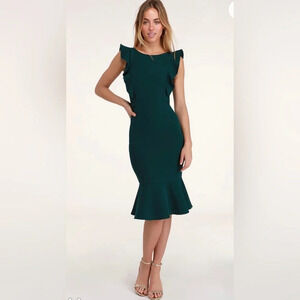 Lulu’s Hearts Aflutter Dark Green Ruffled Bodycon Midi Dress